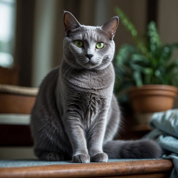 A regal Russian Blue cat sits upright with a sleek, silver-blue coat and bright green eyes, exuding an air of elegance and intelligence
