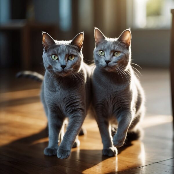Two Russian Blue felines playfully chasing each other through a sunlit room, their sleek silver-blue fur shining in the light