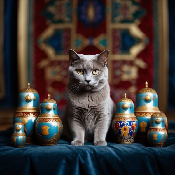 A regal Russian Blue cat sits on a velvet cushion, surrounded by ornate Russian nesting dolls and a samovar