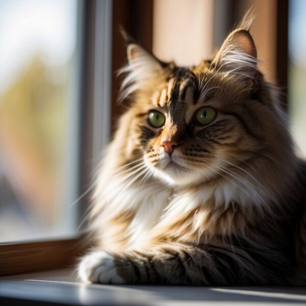A Siberian cat lounges on a windowsill, basking in the warm sunlight streaming through the glass. Its fluffy fur glistens in the light, and its piercing green eyes gaze out at the snowy landscape beyond