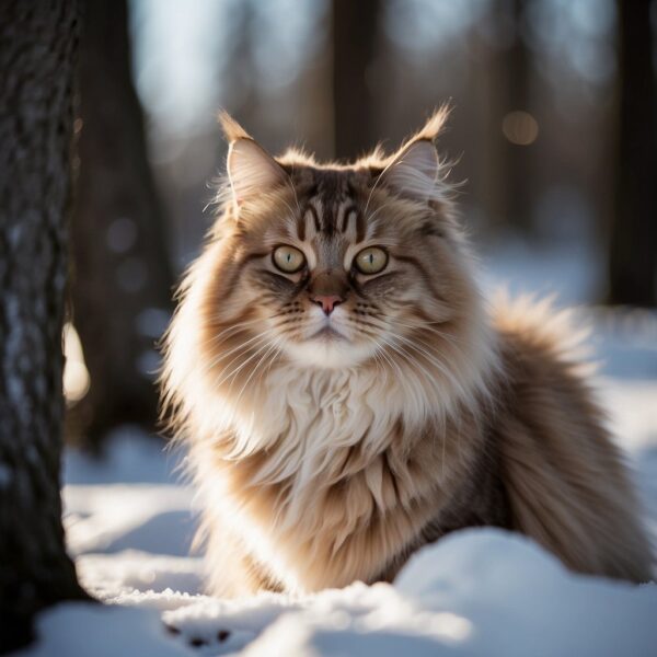 A majestic Russian feline  stands proudly in a snow-covered forest, with its thick fur glistening in the sunlight, showcasing its origins in the cold climate of Russia