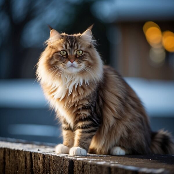 A Siberian cat with a thick, water-resistant coat, tufted ears, and large, round eyes, standing proudly with a confident and alert expression