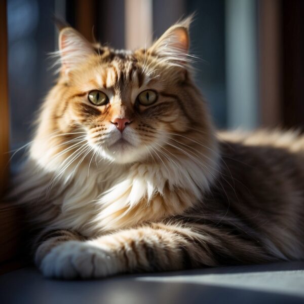 A Siberian cat lounges in a sunlit window, its regal posture and calm demeanor exuding confidence and grace