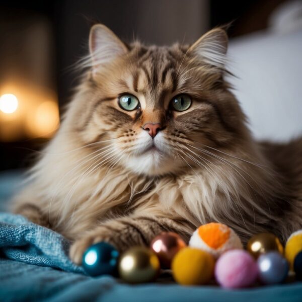 A fluffy kitty lounges on a soft bed, surrounded by toys and grooming supplies. A gentle expression and bright eyes convey a sense of health and care