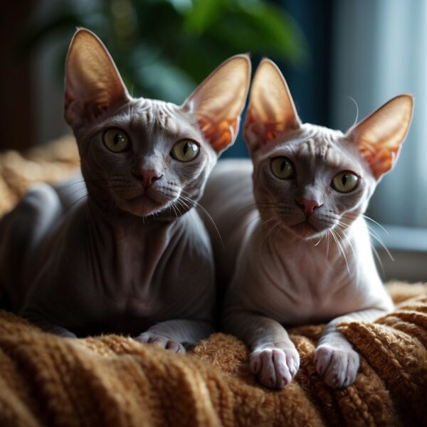 Two Sphynx cats lounging on a cozy blanket.