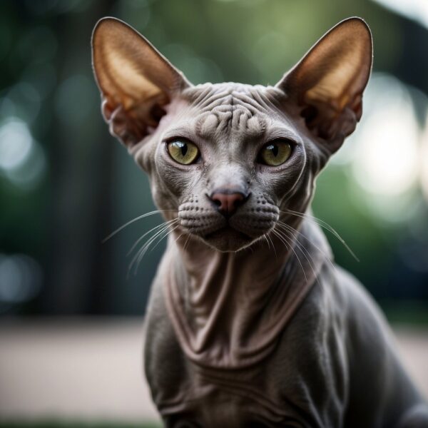 A hairless cat with large, bat-like ears and wrinkled skin sits proudly, its alert eyes gazing ahead. The cat's muscular body is showcased, with a sleek, hairless coat and a distinctive, angular face