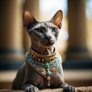 A Sphynx cat sits regally in ancient Egypt, adorned with jewelry and hieroglyphs, symbolizing its revered status as a sacred and mystical creature