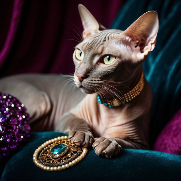A sphynx cat lounging on a velvet cushion, surrounded by exotic trinkets and adorned with a jeweled collar