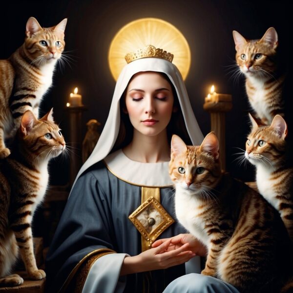 Patron Saint of Cats sits surrounded by cats, tenderly petting one. A halo encircles her head as she radiates compassion and love for her feline companions