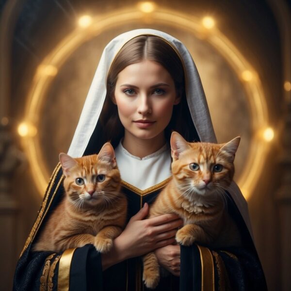 Depiction of Saint Gertrude with two cats.