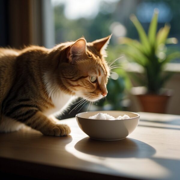 A cat sniffs a bowl of sugar, then turns away disinterested