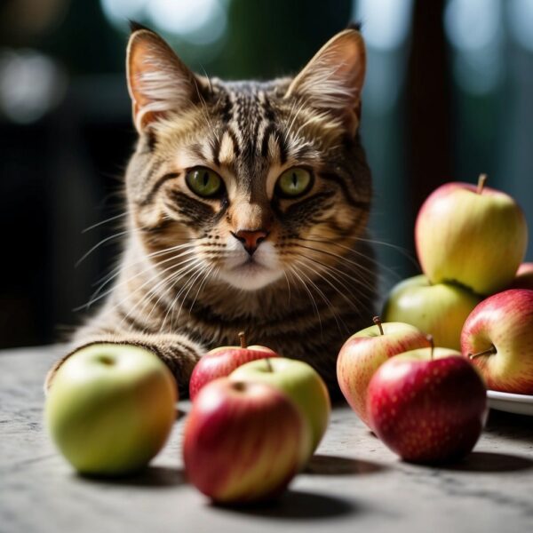 cat with apples on a counter