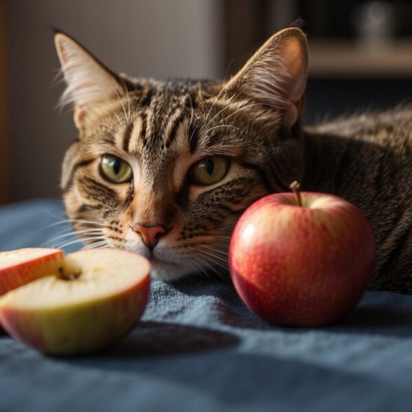 A cat sniffs at a juicy red apple, while a pile of sliced apples sits nearby. 