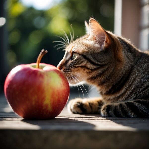 A kitty investigates fruit sniffing and pawing at it cautiously
