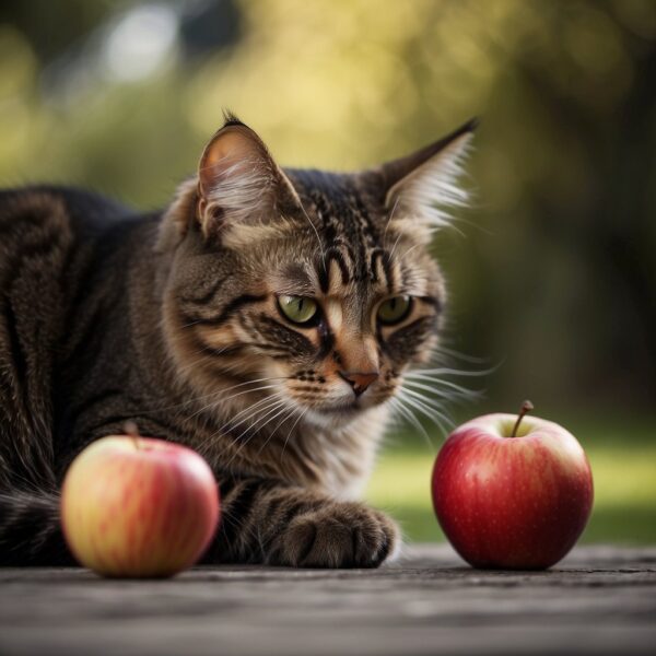 A cat sits in front of a juicy red apple, sniffing it with curiosity. The cat's whiskers twitch as it contemplates taking a bite