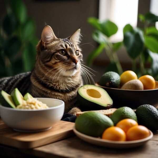 A cat sits next to a bowl of avocado, while nearby are other household foods. The cat looks curiously at the avocado, surrounded by items like bread, cheese, and vegetables