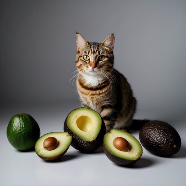 A kitty sits near an avocado, looking curious. The avocado is whole, with a green peel and a round pit inside