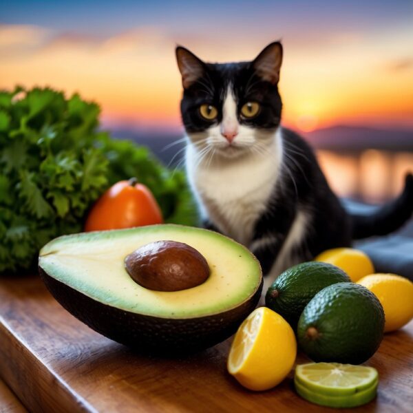 A ripe avocado sits on a wooden cutting board, surrounded by a variety of colorful fruits and vegetables. A small cat curiously sniffs the avocado, while a bowl of cat food sits nearby