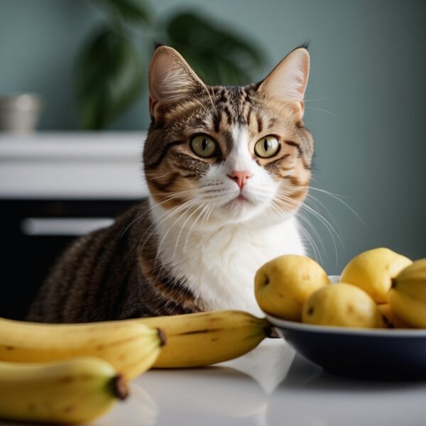A cat sitting in front of bananas, sniffing them curiously with a puzzled expression
