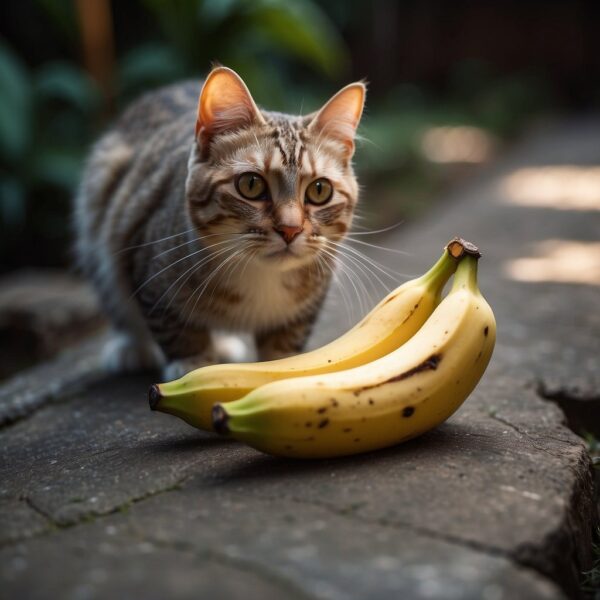 Curious kitty sniffs a bunch of ripe bananas.