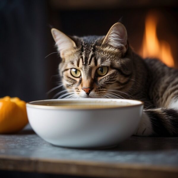 A kitty eagerly waits to eat some broth. 