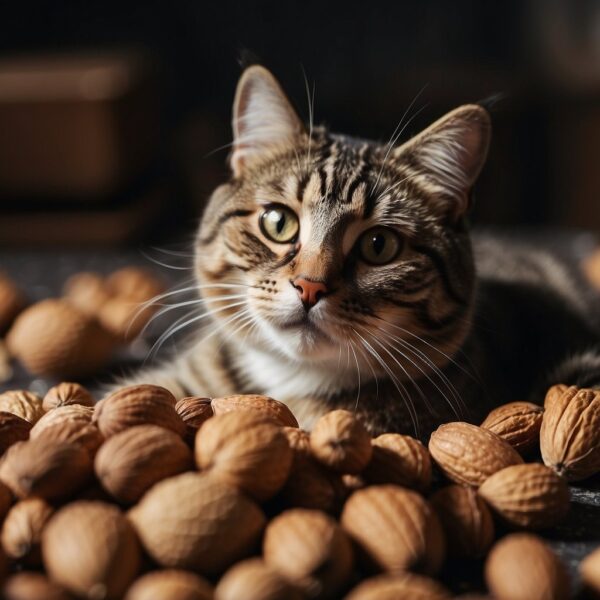 A cat sitting near a variety of nuts with a questioning expression on its face