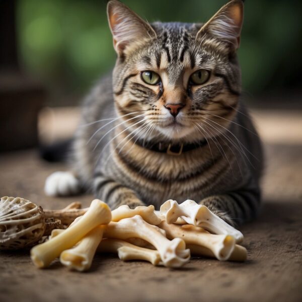 A cat sits by a pile of chicken  bones 