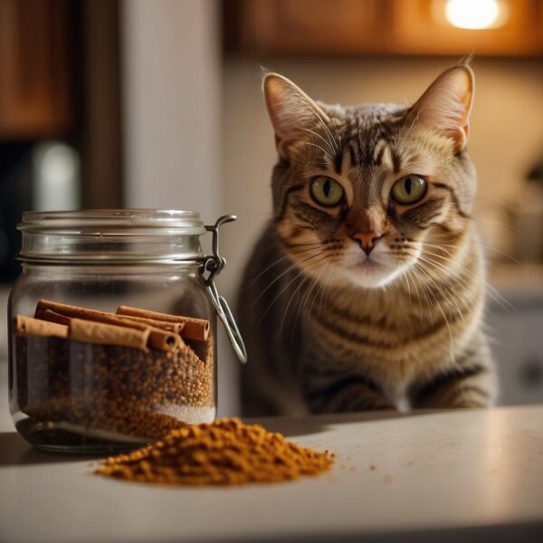 A curious cat sniffs a jar of cinnamon on a kitchen counter. 