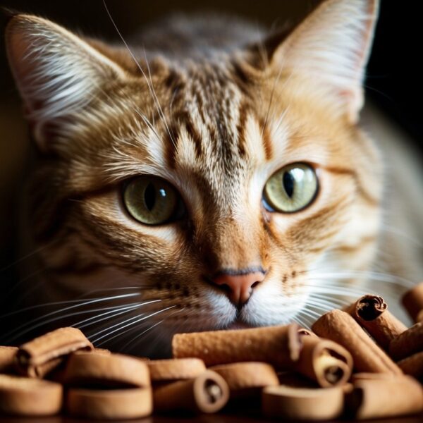 A cat sniffing a pile of cinnamon with a curious expression on  face