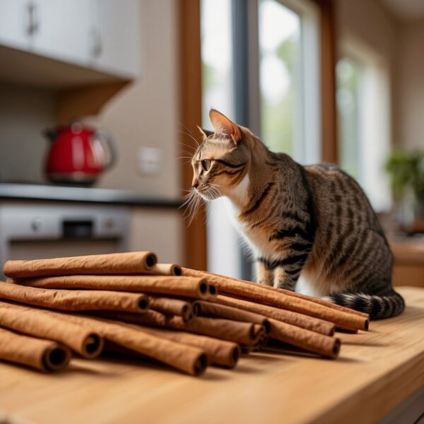 A curious cat sniffs a pile of cinnamon sticks on a kitchen counter,