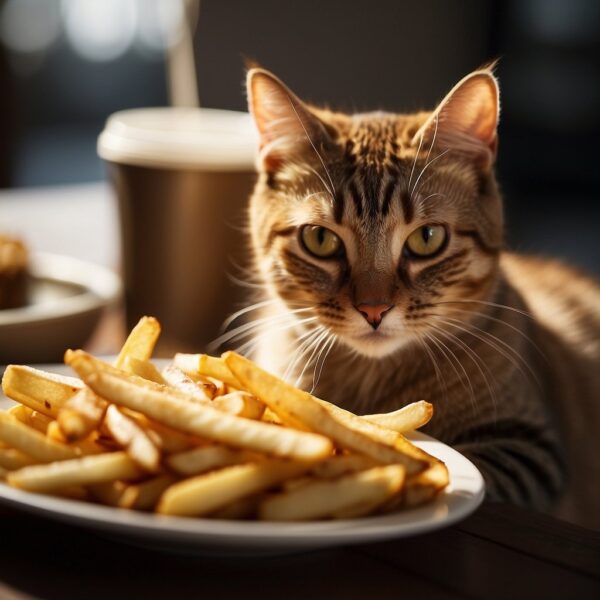 A cat eagerly eyes a pile of golden, crispy French fries on a plate