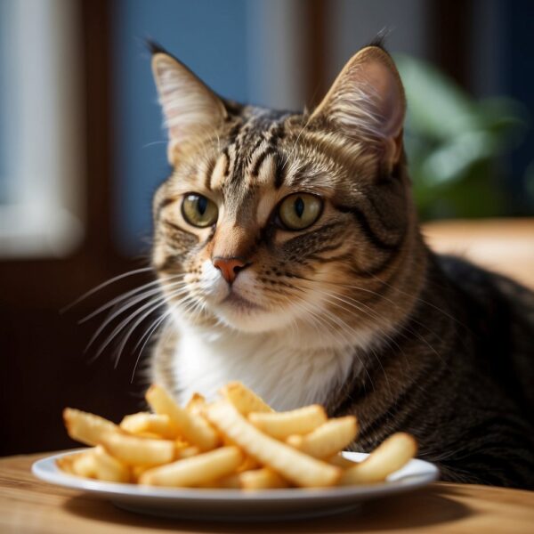 A cat sits in front of a plate of French fries, sniffing and inspecting them with curiosity. The cat's body language suggests interest and potential desire to eat the fries