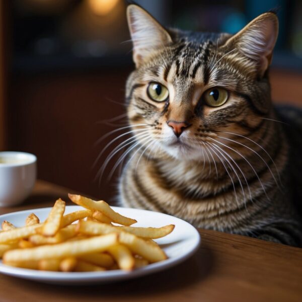 A cat eagerly sniffs a plate of French fries, its tail twitching with curiosity. A concerned owner looks on, wondering if it's safe for their feline friend to indulge