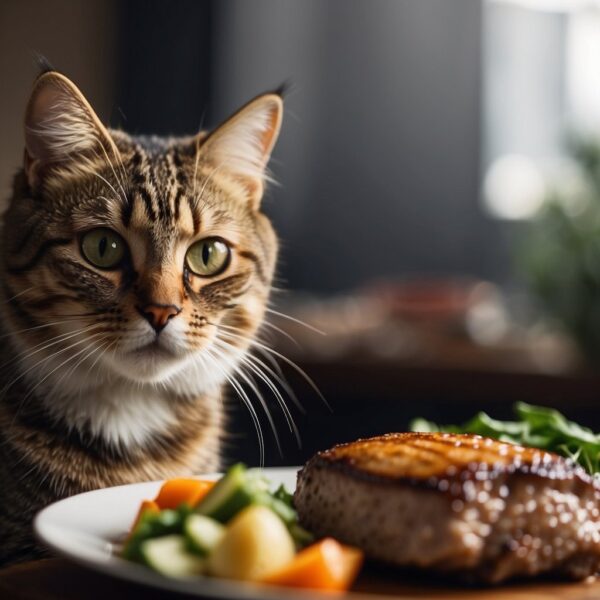 A cat looking at a juicy steak