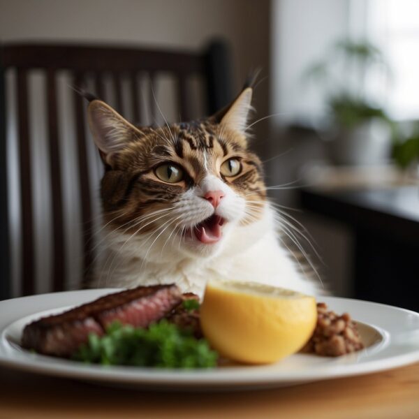 A cat eagerly approaches a plate of steak, its tail swishing with excitement. 