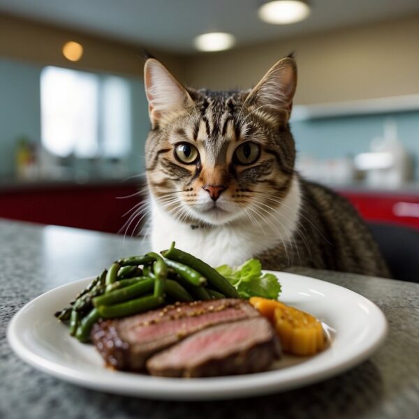 A cat sitting in front of a plate of steak, looking curious but cautious.