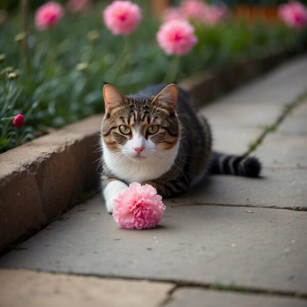 A cat sniffs a carnation cautiously, its eyes wide with curiosity and suspicion