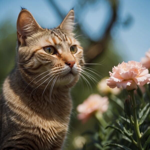 outside kitty with pink flowers