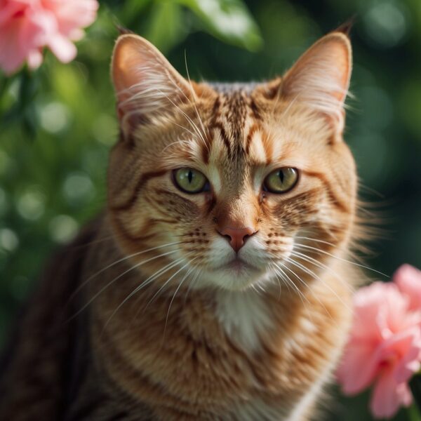 A cat with a vibrant carnation, its bright petals contrasting against the lush green leaves
