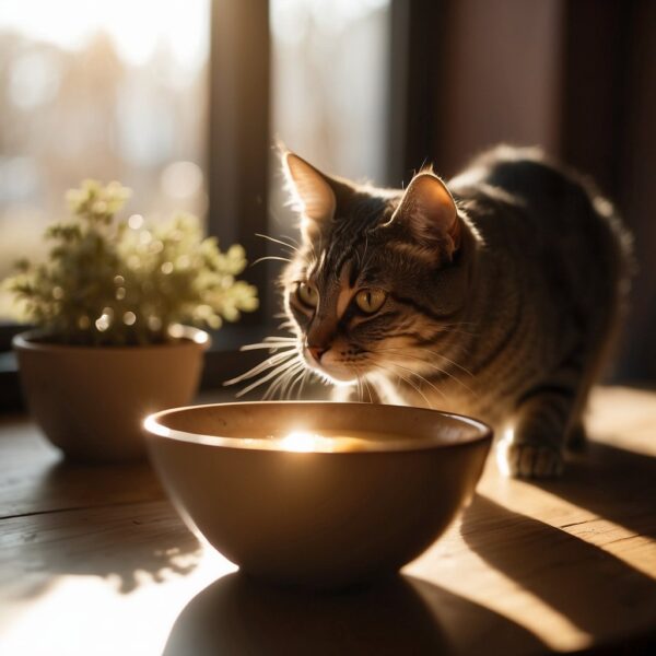 A cat with a shallow dish,