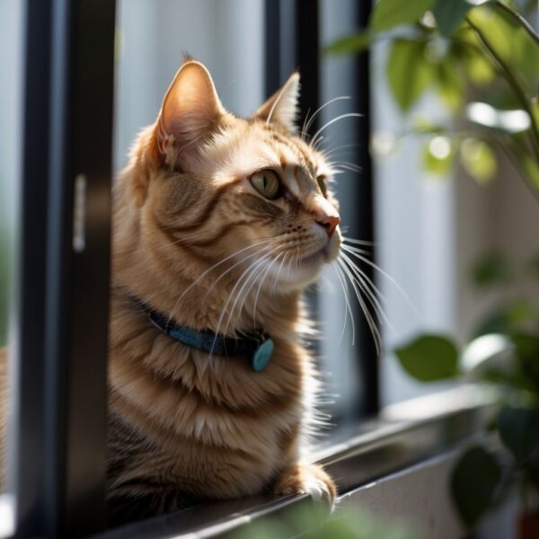 A cat sits on a windowsill, gazing at a bird. Its mouth moves rapidly, emitting a soft chattering sound