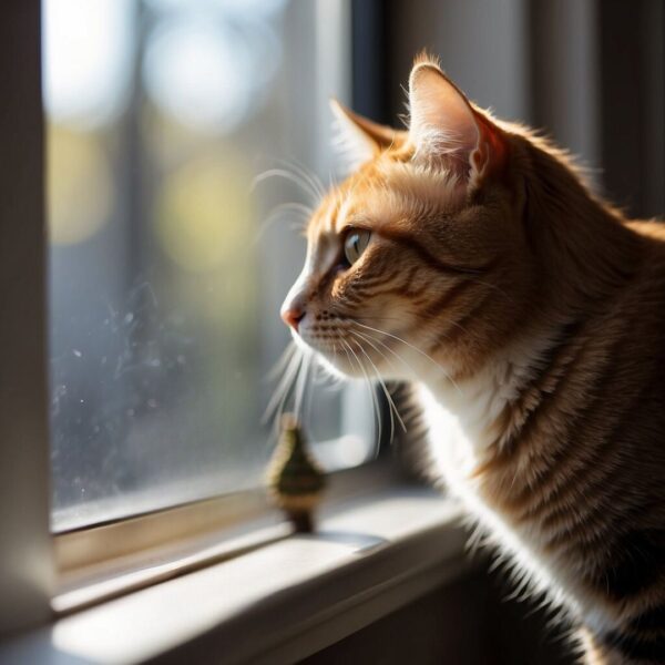 A cat sits on a windowsill, staring intently at birds outside. Its mouth moves rapidly, making an ekekek noise