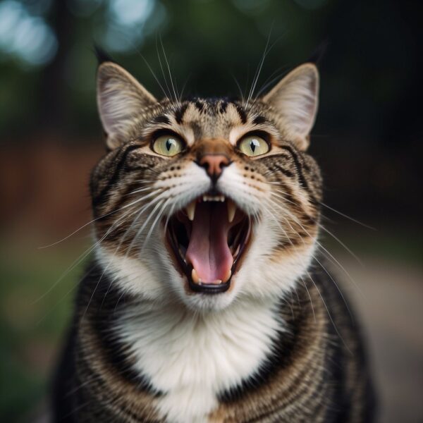 A feline with a raised head, open mouth, and visible throat, 