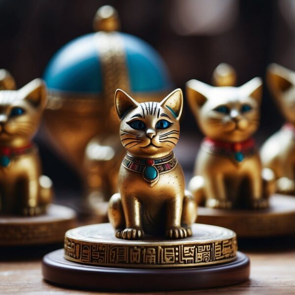 Ancient temples adorned with cat statues and hieroglyphs, worshippers offering gifts to feline deities