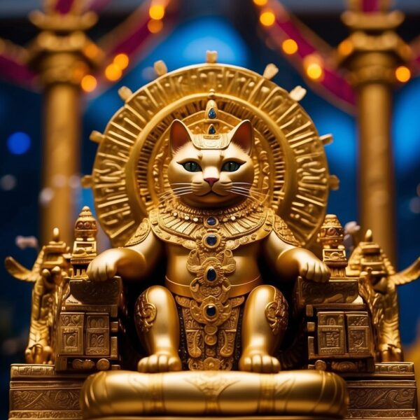 A majestic feline deity sits atop a golden throne, surrounded by offerings and worshippers, symbolizing the reverence and power of cat gods in ancient cultures