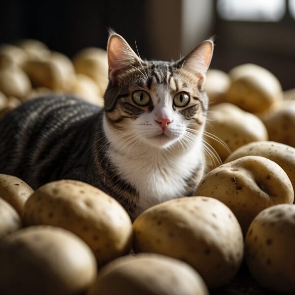 A curious feline sits near a pile of spuds, looking up with a questioning expression