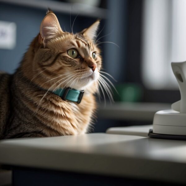 A cat sits on a vet's examination table, coughing. The vet holds a stethoscope to the cat's chest, listening for any abnormal sounds