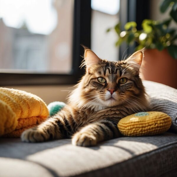 A cat lounges on a sunny windowsill, surrounded by toys and a cozy bed. The cat appears content and relaxed, with a curious expression on its face