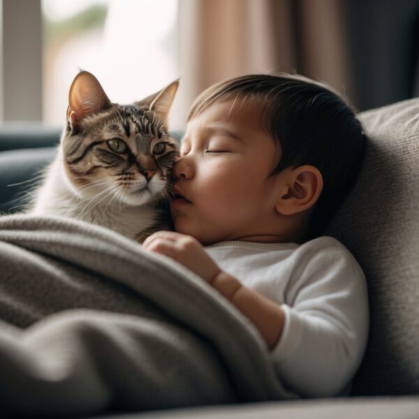A cat lurks near a sleeping baby, its eyes fixed on the child's chest. The baby's breath rises and falls peacefully as the cat watches intently