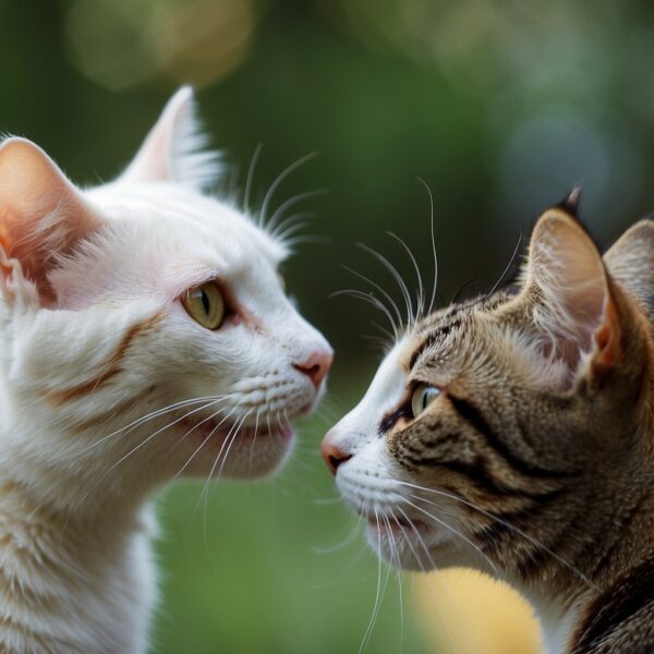 Two cats rub against each other, releasing pheromones. Tail raised, they mark territory with scent glands